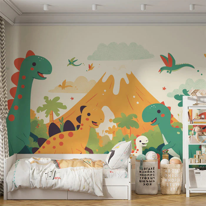 Dinosaur and Mountain Mural Wallpaper in Bedroom Various Colors (Green, Yellow, Blue, etc.) of Dinosaur Mural Wallpaper