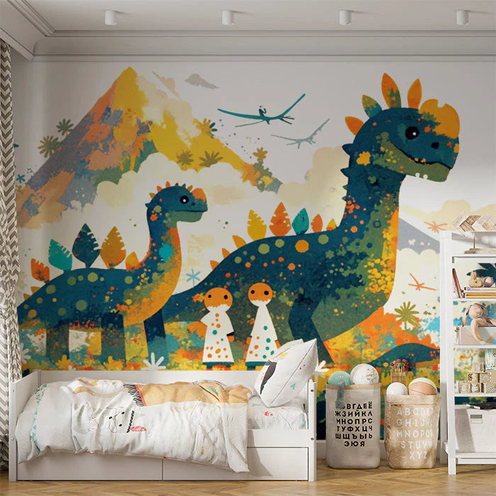 Dinosaur and Mountain Mural Wallpaper in Bedroom Various Colors (Green, Yellow, Blue, etc.) of Dinosaur Mural Wallpaper - pure wallpaper artwork