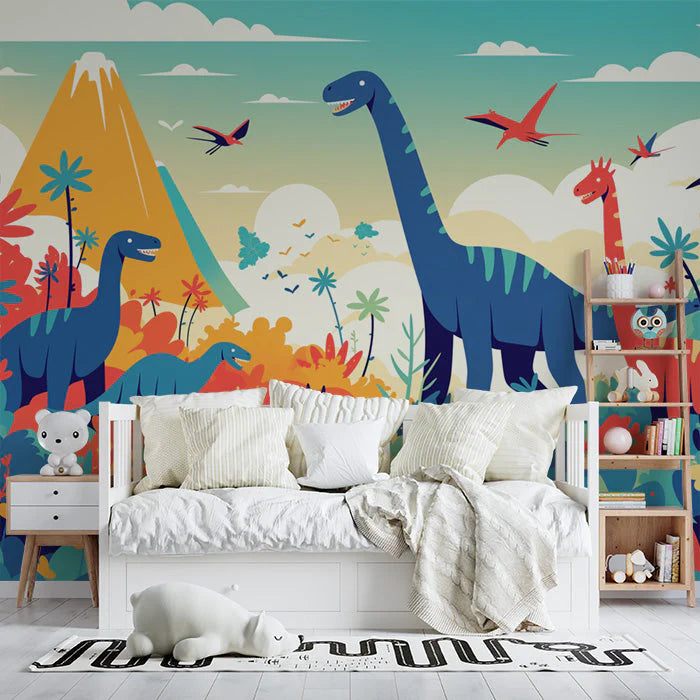 Dinosaur and Mountain Mural Wallpaper in Bedroom Various Colors (Green, Yellow, Blue, etc.) of Dinosaur Mural Wallpaper - pure wallpaper artwork