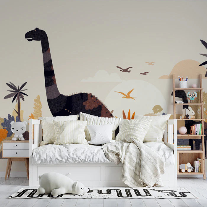 Dinosaur and Mountain Mural Wallpaper in Bedroom Various Colors (Green, Yellow, Blue, etc.) of Dinosaur Mural Wallpaper - pure wallpaper artwork