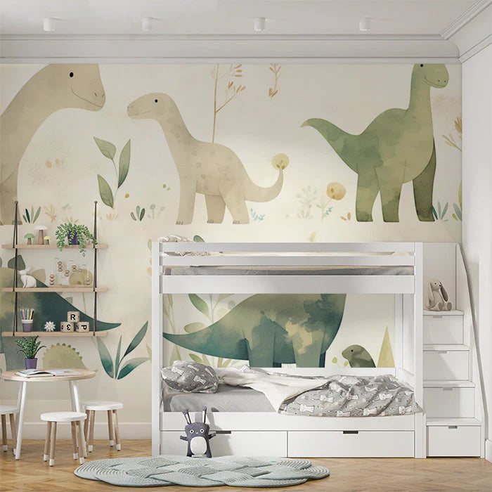 Watercolor Dinosaur Mural Wallpaper in Bedroom Beige, Green, and Various Pastel Colors of Dinosaurs Mural Wallpaper