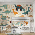 Watercolor Dinosaur Mural Wallpaper in Bedroom Beige, Green, and Various Pastel Colors of Dinosaurs Mural Wallpaper - pure wallpaper artwork