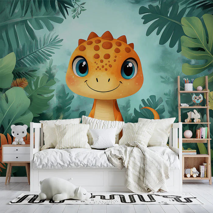 Cute Dinosaur in Jungle Mural Wallpaper in Bedroom Green, Orange, and Various Colors of Dinosaur Mural Wallpaper