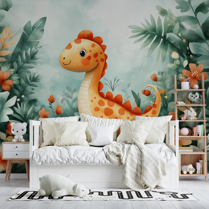 Cute Dinosaur in Jungle Mural Wallpaper in Bedroom Green, Orange, and Various Colors of Dinosaur Mural Wallpaper