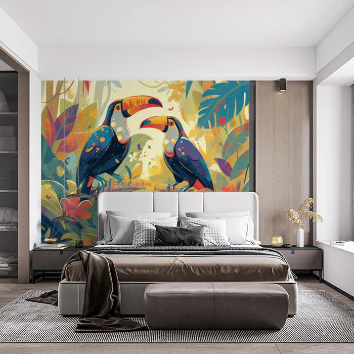 Colorful Toucan Mural Wallpaper in Bedroom Various Colors (Blue, Yellow, Orange, etc.) of Toucan Mural Wallpaper