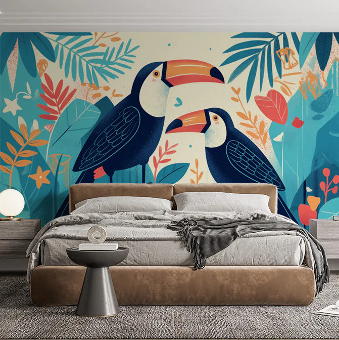 Colorful Toucan Mural Wallpaper in Bedroom Various Colors (Blue, Yellow, Orange, etc.) of Toucan Mural Wallpaper