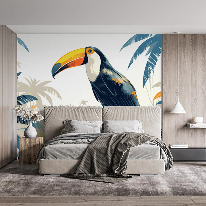 Watercolor Toucan Mural Wallpaper in Bedroom Various Colors (Blue, Orange, Yellow, etc.) of Toucan Mural Wallpaper