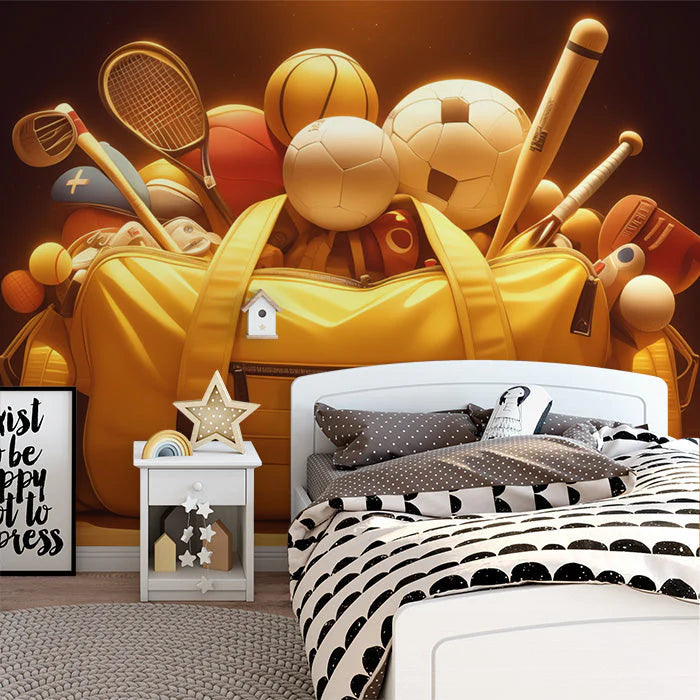 Sports Equipment Mural Wallpaper in Bedroom Various Colors (Yellow, Brown, Orange, etc.) of Sports Mural Wallpaper