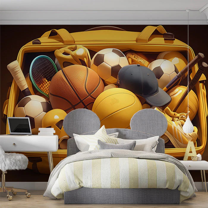 Sports Equipment Mural Wallpaper in Bedroom Various Colors (Yellow, Brown, Orange, etc.) of Sports Mural Wallpaper