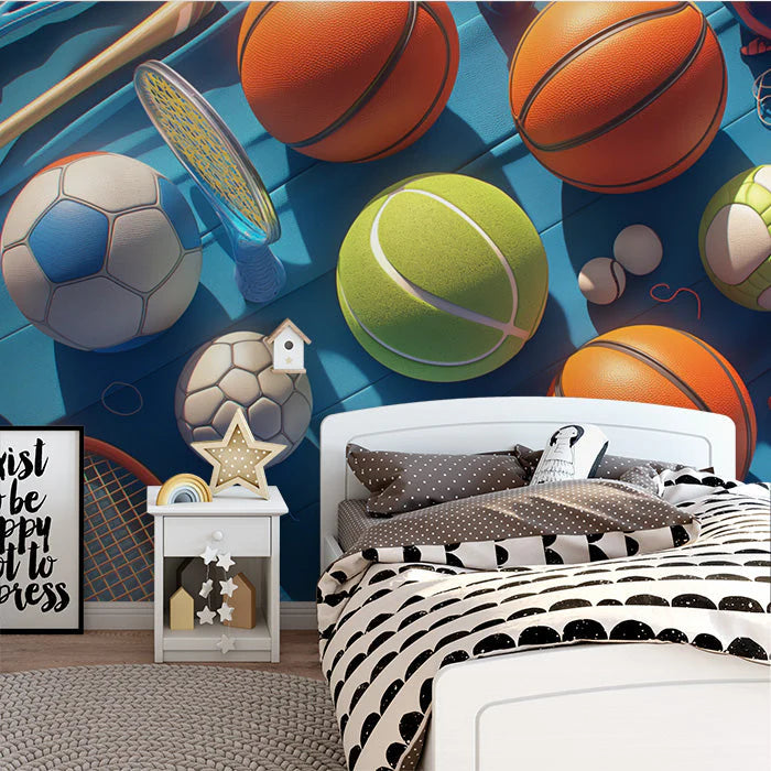 Sports Balls Mural Wallpaper in Bedroom Various Colors (Blue, Orange, Green, etc.) of Sports Balls Mural Wallpaper - pure wallpaper artwork
