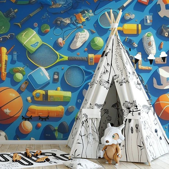 Sports Balls Mural Wallpaper in Nursey Various Colors (Blue, Orange, Green, etc.) of Sports Balls Mural Wallpaper