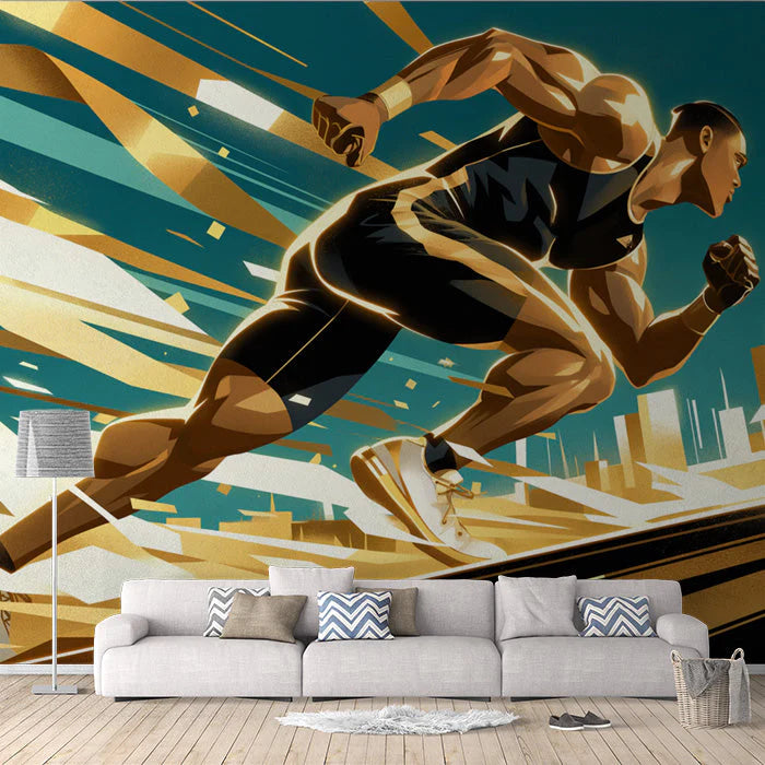 Running Athlete Mural Wallpaper in Living Room Blue, Gold, and Black Running Athlete Mural Wallpaper - pure wallpaper artwork