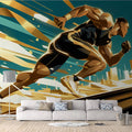 Running Athlete Mural Wallpaper in Living Room Blue, Gold, and Black Running Athlete Mural Wallpaper - pure wallpaper artwork