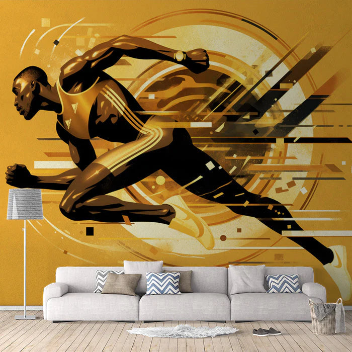 Running Athlete Mural Wallpaper in Living Room Blue, Gold, and Black Running Athlete Mural Wallpaper - pure wallpaper artwork