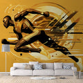 Running Athlete Mural Wallpaper in Living Room Blue, Gold, and Black Running Athlete Mural Wallpaper - pure wallpaper artwork