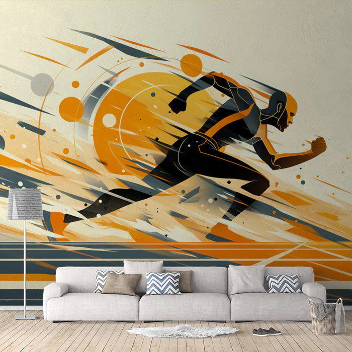 Abstract Runner Mural Wallpaper in Living Room Orange, Black, and Beige Runner Mural Wallpaper - pure wallpaper artwork