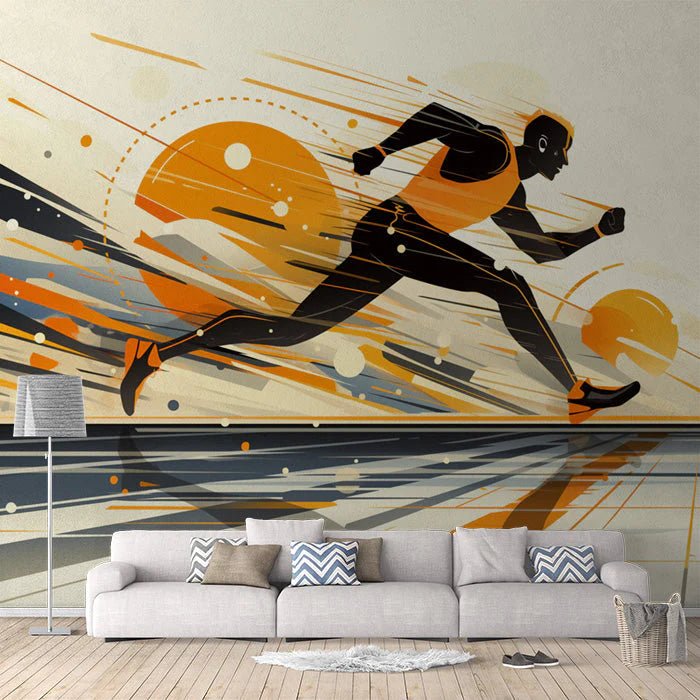 Abstract Runner Mural Wallpaper in Living Room Orange, Black, and Beige Runner Mural Wallpaper