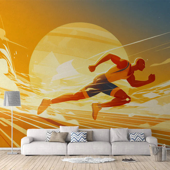 Abstract Runner Mural Wallpaper in Living Room Orange, Black, and Beige Runner Mural Wallpaper