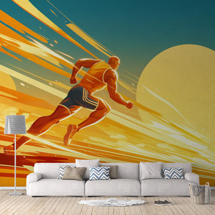 Abstract Runner Mural Wallpaper in Living Room Orange, Black, and Beige Runner Mural Wallpaper - pure wallpaper artwork