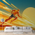Abstract Runner Mural Wallpaper in Living Room Orange, Black, and Beige Runner Mural Wallpaper - pure wallpaper artwork