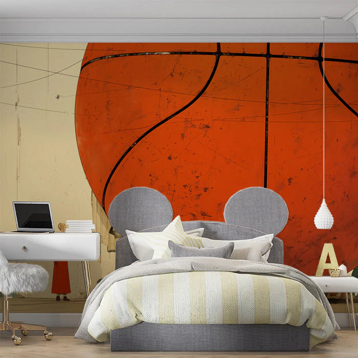 Giant Basketball in Alley Mural Wallpaper in Bedroom Orange, Blue, and Various Colors Basketball Mural Wallpaper - pure wallpaper artwork