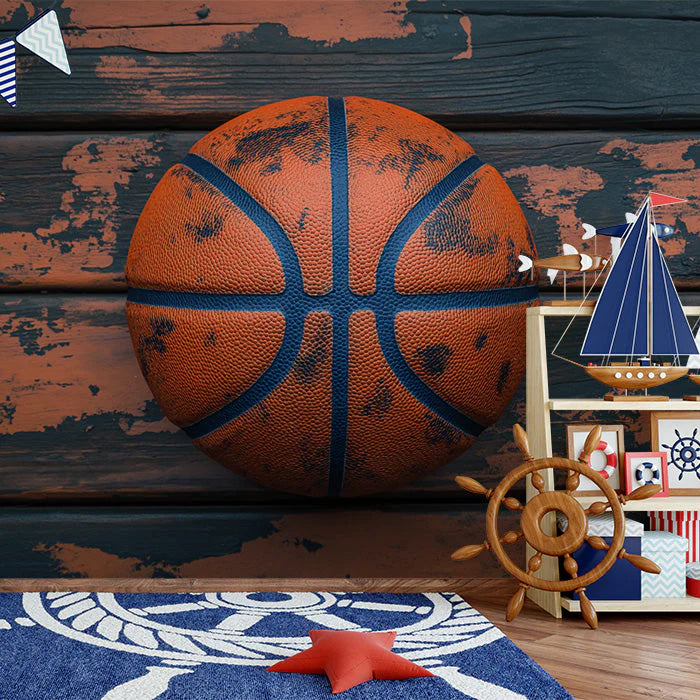 Rustic Basketball Mural Wallpaper for a kids's room or playroom Orange, Blue, and Brown Basketball Mural Wallpaper