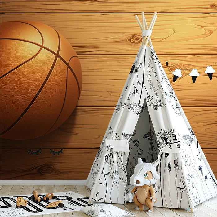 Rustic Basketball Mural Wallpaper for a kids's room or playroom Orange, Blue, and Brown Basketball Mural Wallpaper - pure wallpaper artwork