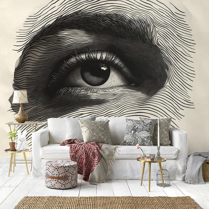Giant Eye Mural Wallpaper in Living Room Black and Beige Eye Mural Wallpaper