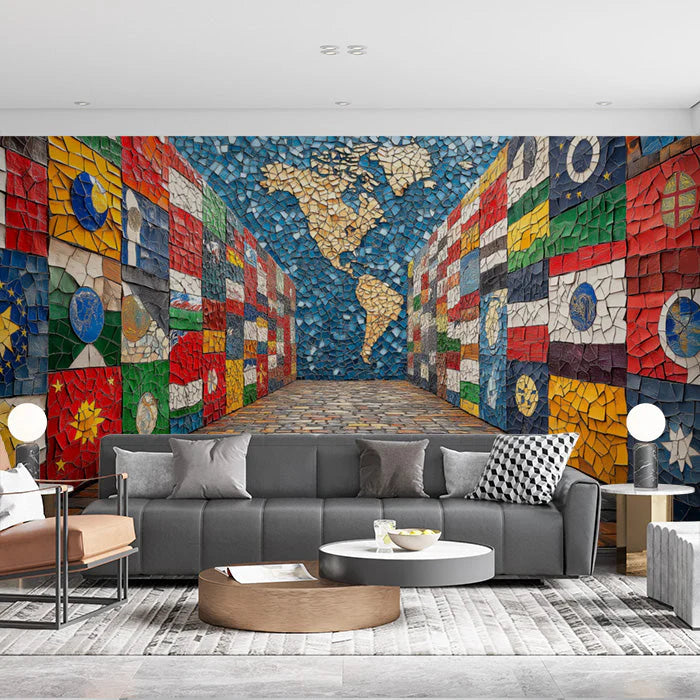 World Map Mosaic Mural Wallpaper in Living Room Various Colors (Blue, Red, Yellow, etc.) of World Map Mural Wallpaper