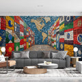 World Map Mosaic Mural Wallpaper in Living Room Various Colors (Blue, Red, Yellow, etc.) of World Map Mural Wallpaper - pure wallpaper artwork