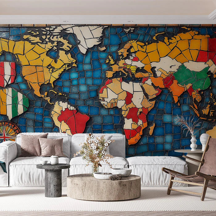 World Map Mosaic Mural Wallpaper in Living Room Various Colors (Blue, Red, Yellow, etc.) of World Map Mural Wallpaper