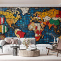 World Map Mosaic Mural Wallpaper in Living Room Various Colors (Blue, Red, Yellow, etc.) of World Map Mural Wallpaper - pure wallpaper artwork