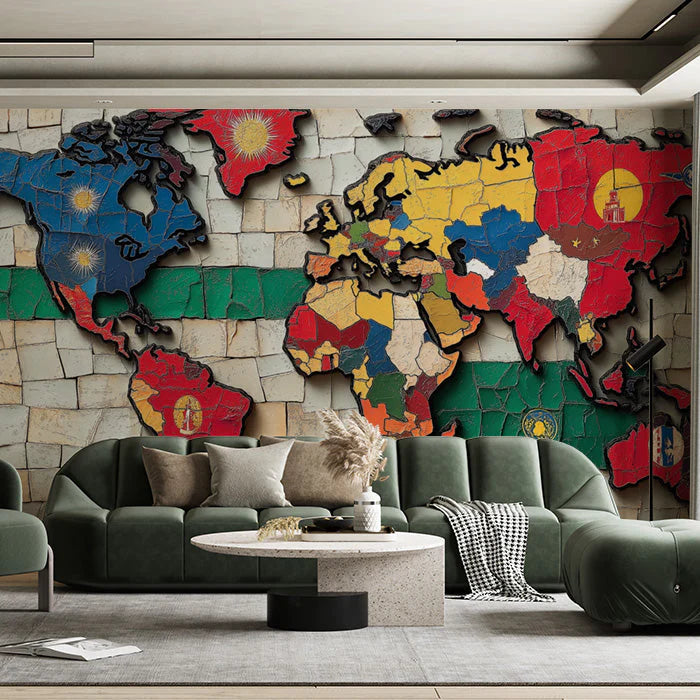World Map Mosaic Mural Wallpaper in Living Room Various Colors (Blue, Red, Yellow, etc.) of World Map Mural Wallpaper - pure wallpaper artwork