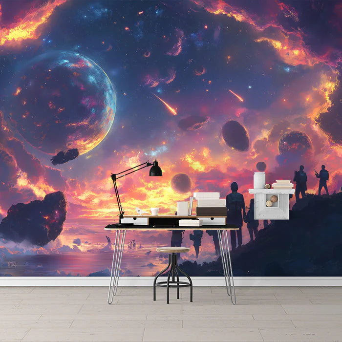 Cosmic Landscape Mural Wallpaper in Office Various Colors (Purple, Orange, Blue, etc.) of Spaceship Mural Wallpaper - pure wallpaper artwork