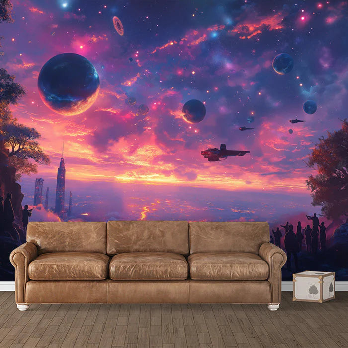 Cosmic Landscape Mural Wallpaper in Office Various Colors (Purple, Orange, Blue, etc.) of Spaceship Mural Wallpaper