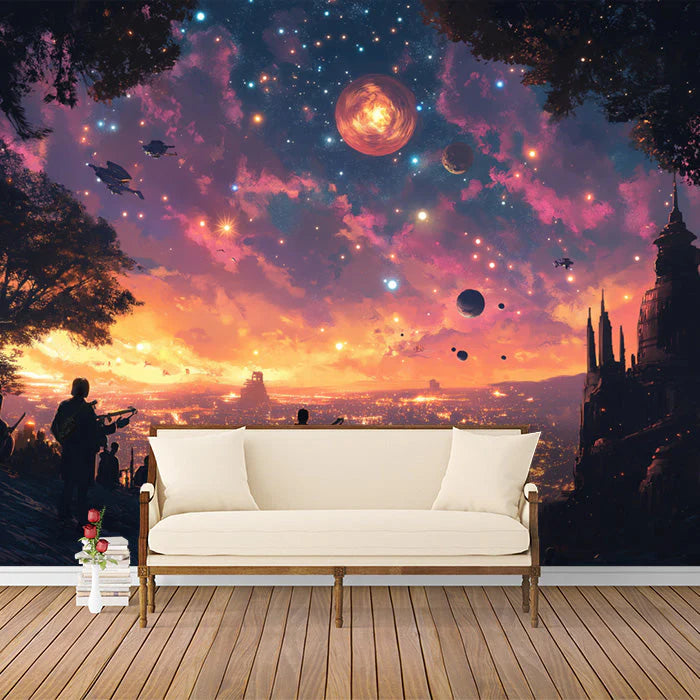 Cosmic Landscape Mural Wallpaper in Office Various Colors (Purple, Orange, Blue, etc.) of Spaceship Mural Wallpaper - pure wallpaper artwork