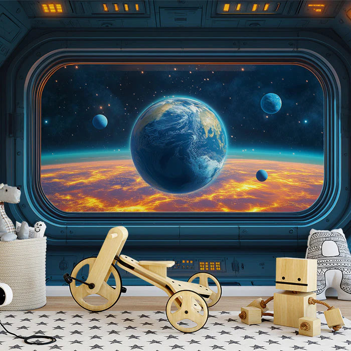 Spaceship Interior View Mural Wallpaper in Child's Room Various Colors (Blue, Orange, etc.) of Spaceship Mural Wallpaper - pure wallpaper artwork
