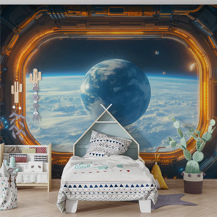 Spaceship Interior View Mural Wallpaper in Child's Room Various Colors (Blue, Orange, etc.) of Spaceship Mural Wallpaper