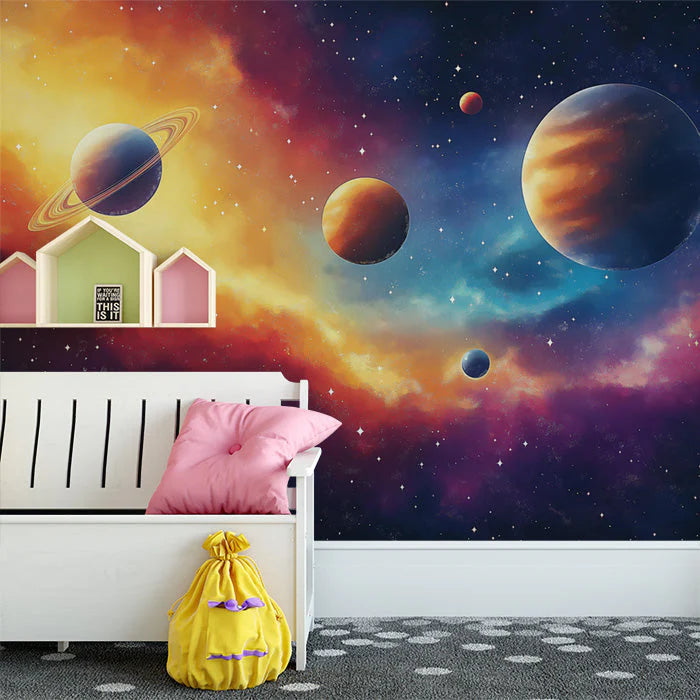 Cartoon Space Scene Wallpaper in Child's Room Various Colors of Space (Pink, Yellow, Blue, etc.) Mural Wallpaper - pure wallpaper artwork