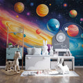 Cartoon Space Scene Wallpaper in Child's Room Various Colors of Space (Pink, Yellow, Blue, etc.) Mural Wallpaper - pure wallpaper artwork