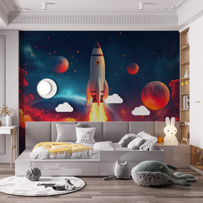 Rocket Launch Mural Wallpaper in Bedroom Various Colors (Blue, Red, Orange, etc.) of Rocket Mural Wallpaper