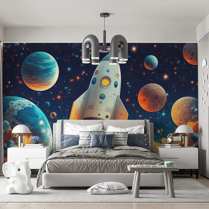 Rocket Launch Mural Wallpaper in Bedroom Various Colors (Blue, Red, Orange, etc.) of Rocket Mural Wallpaper - pure wallpaper artwork
