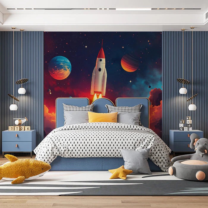 Rocket Launch Mural Wallpaper in Bedroom Various Colors (Blue, Red, Orange, etc.) of Rocket Mural Wallpaper - pure wallpaper artwork