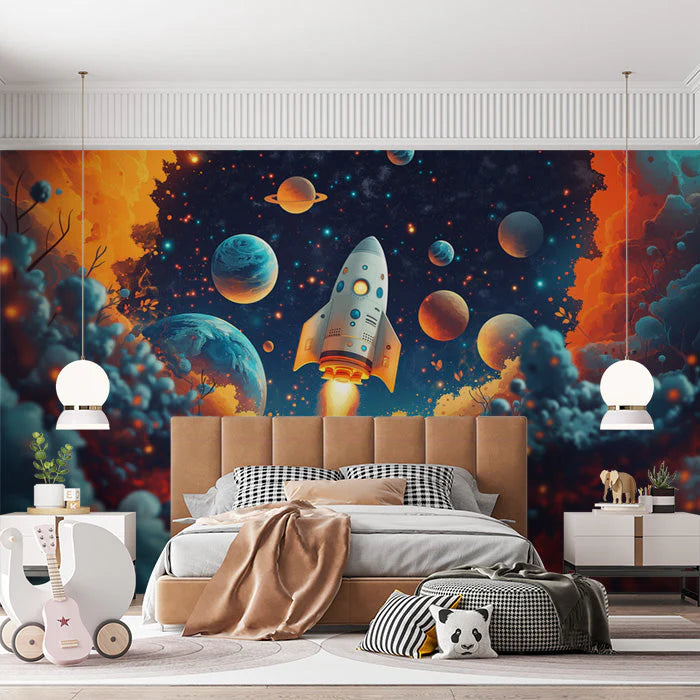 Rocket Launch Mural Wallpaper in Bedroom Various Colors (Blue, Red, Orange, etc.) of Rocket Mural Wallpaper - pure wallpaper artwork