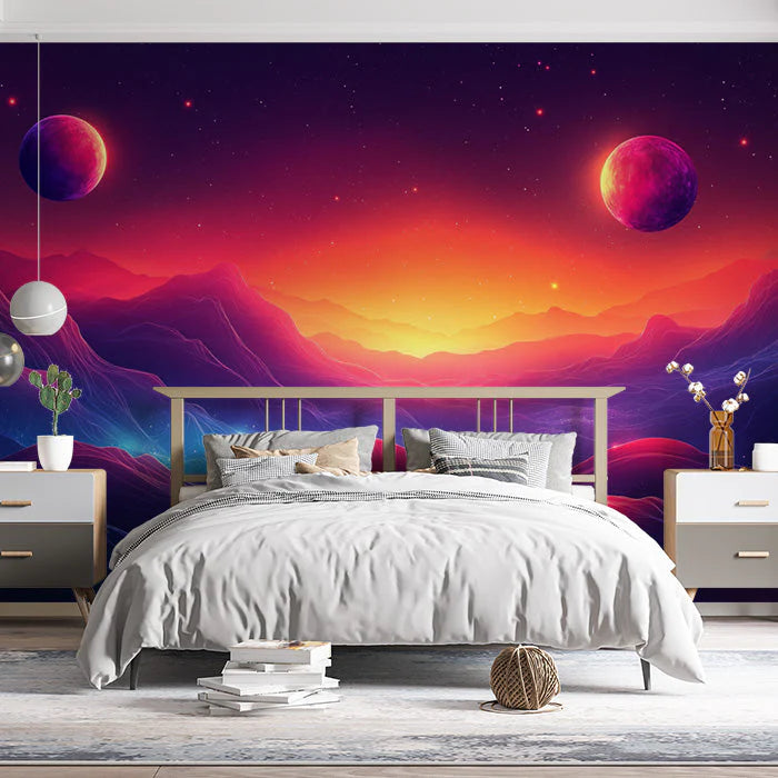 Alien Planet Mural Wallpaper in Bedroom Various Colors (Purple, Orange, Yellow, etc.) of Alien Planet Mural Wallpaper