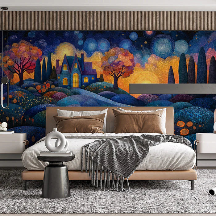 Starry Night Cottage Mural Wallpaper in Bedroom Various Colors (Blue, Orange, Yellow, etc.) of Cottage Mural Wallpaper