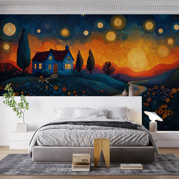 Starry Night Cottage Mural Wallpaper in Bedroom Various Colors (Blue, Orange, Yellow, etc.) of Cottage Mural Wallpaper