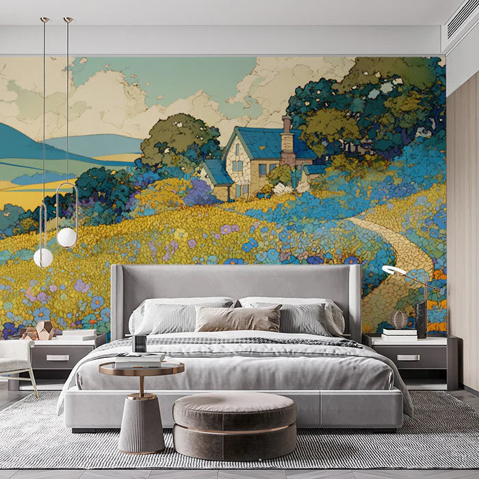 Countryside Cottage Mural Wallpaper in Bedroom Various Colors (Yellow, Blue, Green, etc.) of cottage Mural Wallpaper