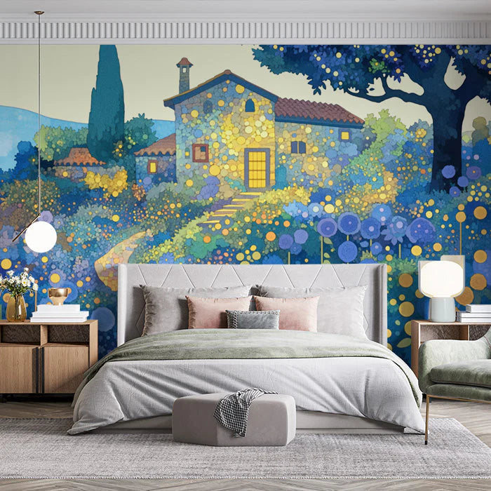 Countryside Cottage Mural Wallpaper in Bedroom Various Colors (Yellow, Blue, Green, etc.) of cottage Mural Wallpaper
