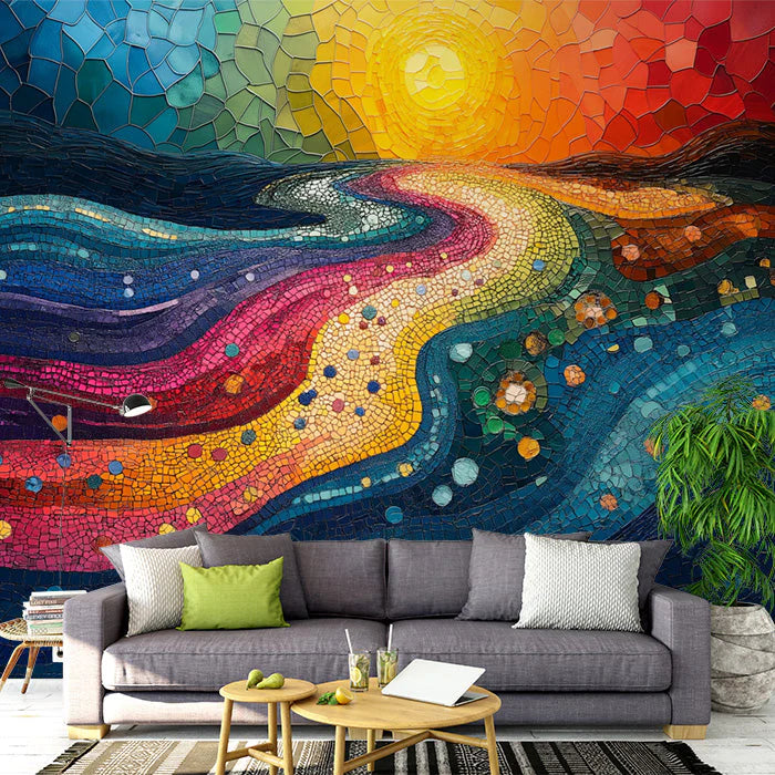 Abstract Wave Mural Wallpaper in Living Room Various Colors (Blue, Green, Yellow, etc.) of Wave Mural Wallpaper - pure wallpaper artwork